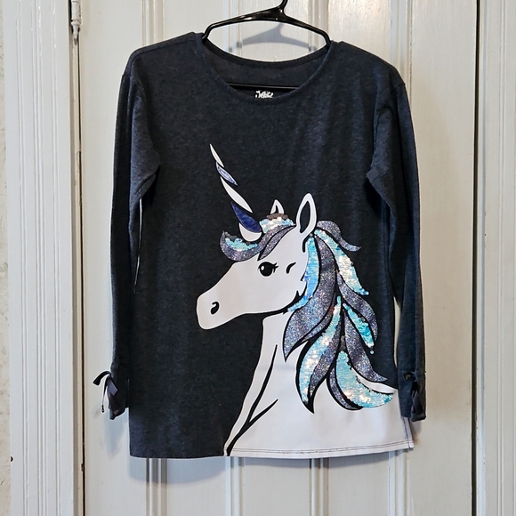 Justice Gray Sequin Long Sleeve Unicorn Top 14/16 - Picture 1 of 8
